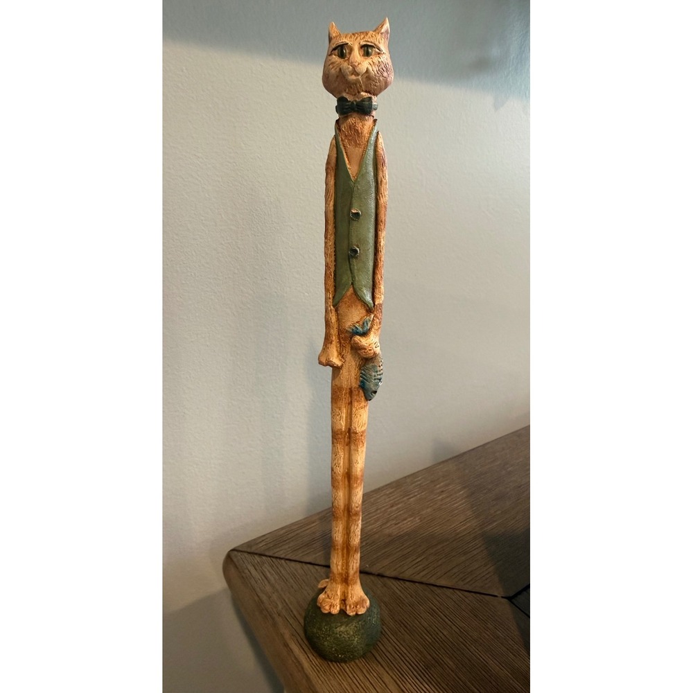 Vintage Tall Slender Orange Tabby Cat Figurine Green Vest Bow Tie JSG Signed